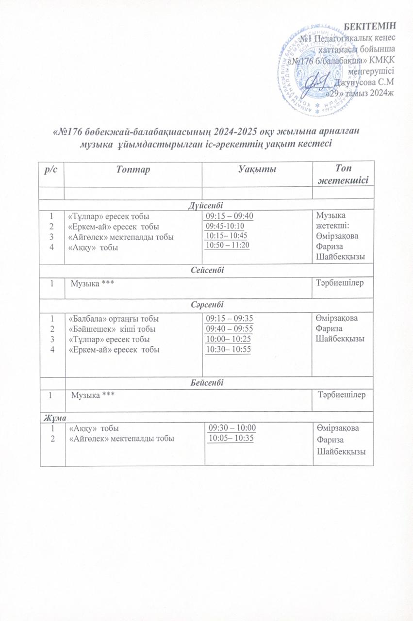 №176 б/б 2024-2025 оқу жылы, музыка ұйымдастырылған іс-әрекеттің уақыт кестесі